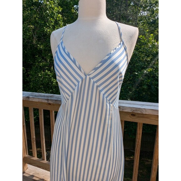 H&M Blue White Striped Slip Dress Spring Summer Satin V-neck Medium Resort - Picture 6 of 8